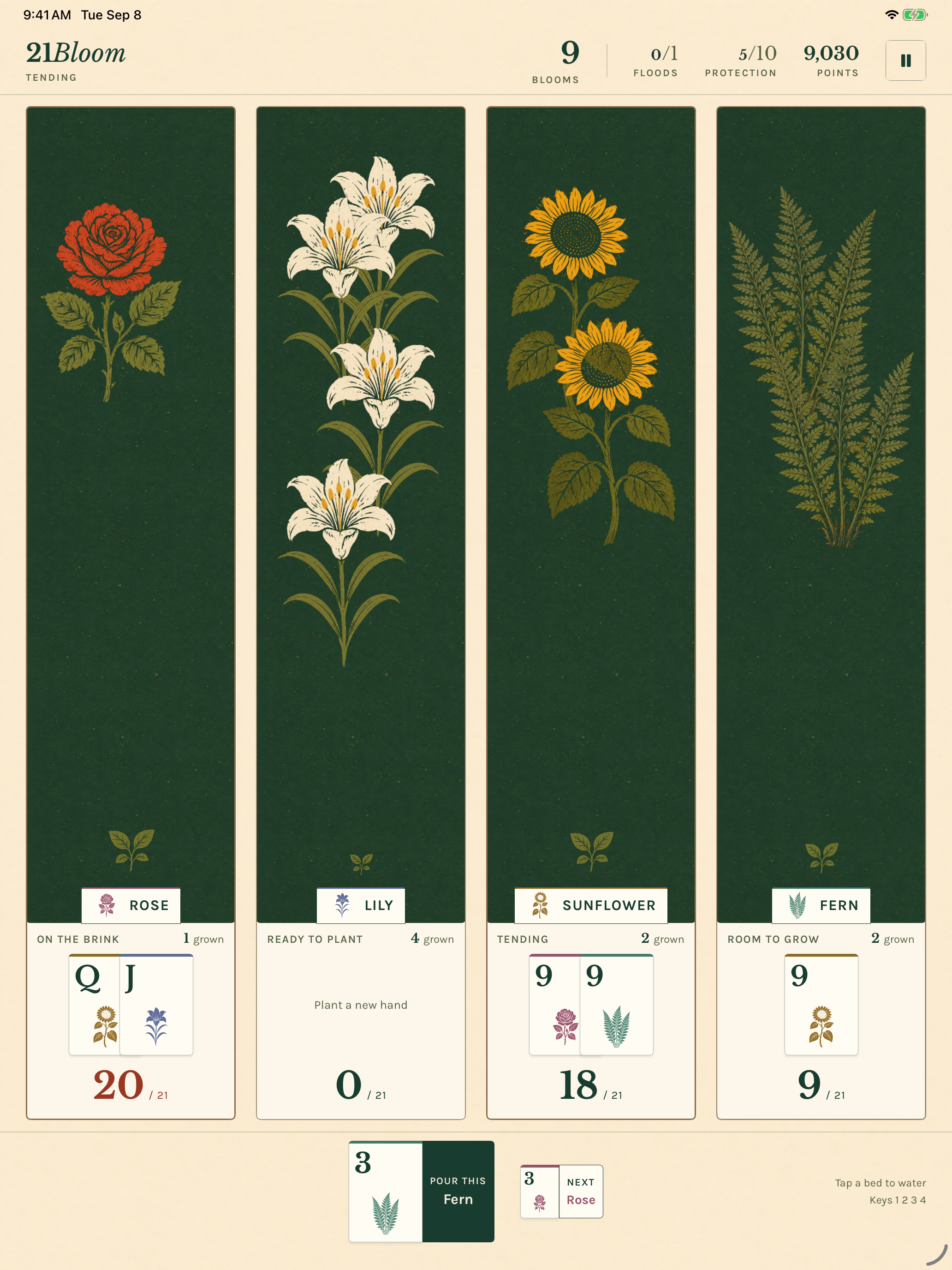 21Bloom on the App Store: a Tending garden with nine blooms across roses, lilies, sunflowers and ferns, and cards building toward 21.