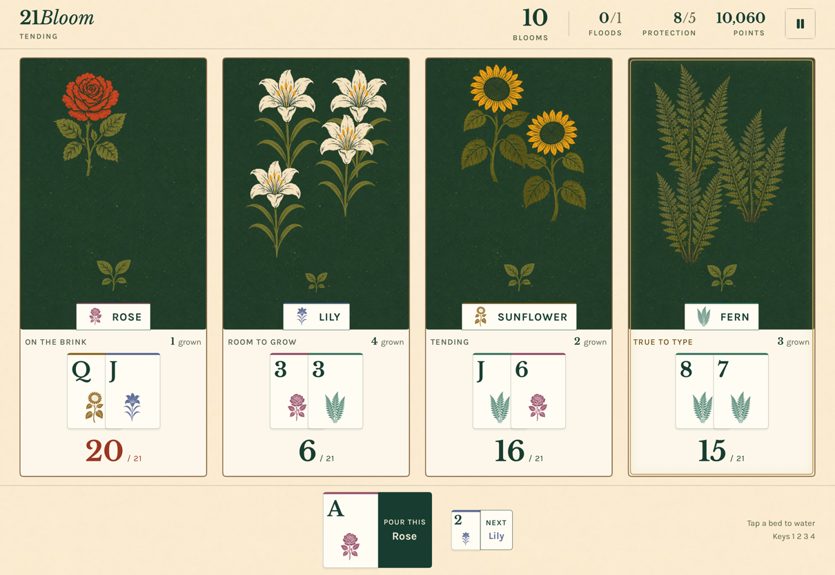 21Bloom in play: four beds of roses, lilies, sunflowers, and ferns, with cards beneath them and totals approaching 21.